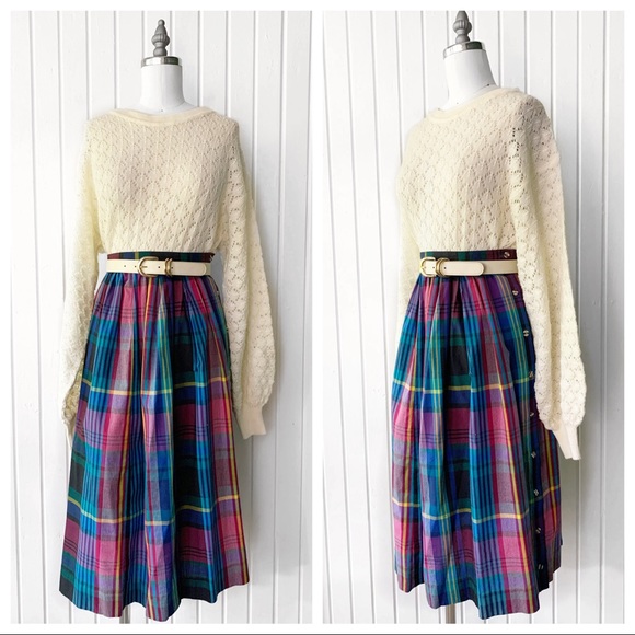Vintage Dresses & Skirts - Vintage 80s Colorful Plaid Button Side Skirt